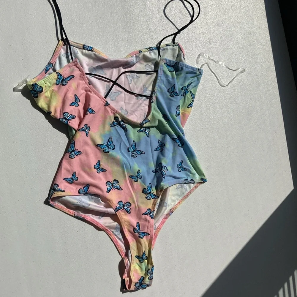 3/$12 Rue21 Butterfly tie dye print bodysuit w stretch criss cross casual boho - Picture 5 of 16